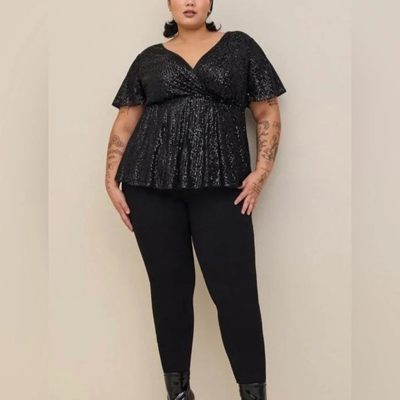 Torrid Lily Babydoll Sequin Surplice Blouse Black Peplum Size 1x Sparkly Party - Picture 7 of 8